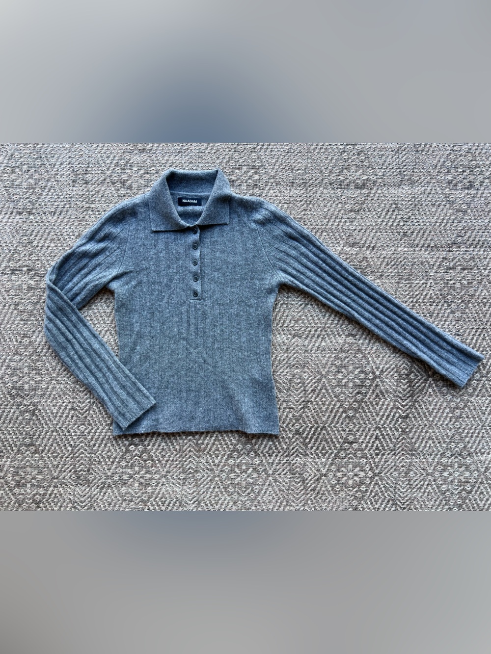 Naadam 100% Cashmere Polo Sweater Womens Small Gray Rib Knit Long‎ Sleeve